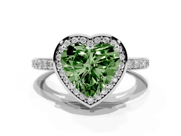 Fancy Green Heart Cut Halo Pave Band Solitaire Ring with Prong Setting White gold