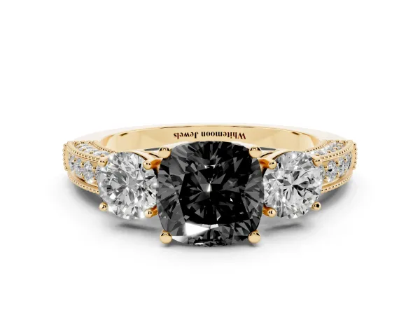 Fancy Black Cushion Cut Three-Stone Diamond Ring with Pavé Band and Four-Prong Setting Yellow gold