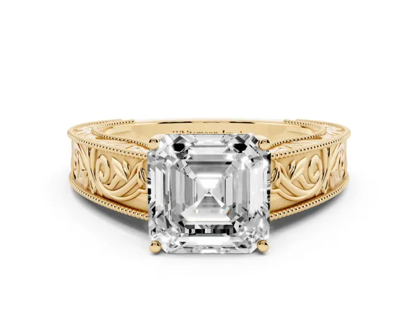 Asscher Cut Diamond Solitaire Ring with Engraved Band and Four-Prong Setting Yellow gold