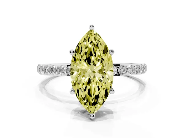 Fancy Yellow Marquise Cut Diamond Solitaire Ring with Round Pavé Shoulders and Prong Setting Platinum