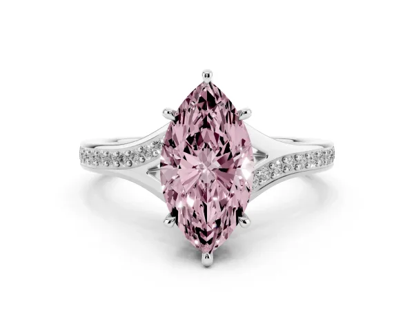 Fancy Pink Marquise Cut Diamond Solitaire Ring with Pavé Band and Prong Setting White gold