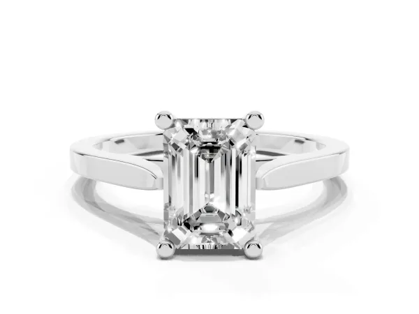 Emerald Cut Solitaire Diamond Ring with Four-Prong Setting and Tapered Band Platinum