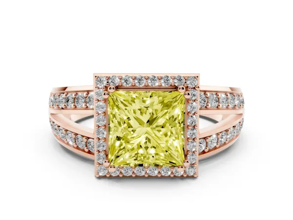 Fancy Yellow Princess Cut Diamond Halo Ring with Split Shank Pavé Band and Four-Prong Setting Rose gold