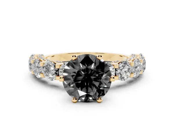 Fancy Black Round Cut Diamond Side Stone Engagement Ring with Four-Prong Setting Yellow gold