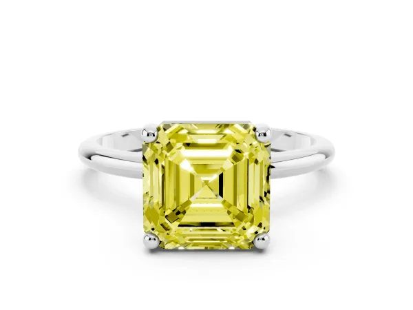 Fancy Yellow Asscher Cut Solitaire Diamond Ring with 4-Prong Setting on a Classic Band Platinum