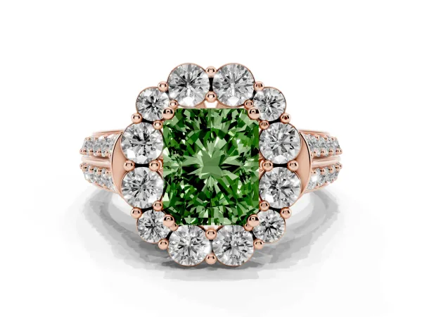 Fancy Green Radiant Cut Halo Diamond Engagement Ring with Split Shank and Prong Setting Rose gold