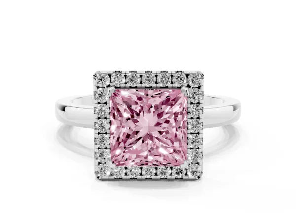 Fancy Pink Princess Cut Halo Diamond Solitaire with Pavé Band and Four-Prong Setting White gold
