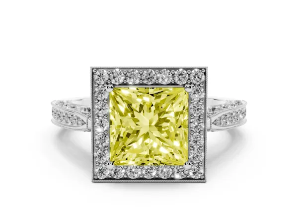 Fancy Yellow Princess Cut Halo Diamond Engagement Ring with Split Shank Band and Four-Prong Setting Platinum