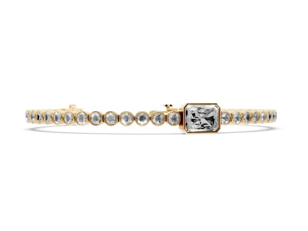Bezel-Set Round Diamond Tennis Bracelet with Radiant Center Diamond Yellow gold