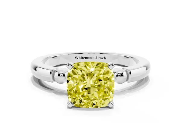 Fancy Yellow Cushion Cut Solitaire Beaded Band with Four-Prong Setting White gold