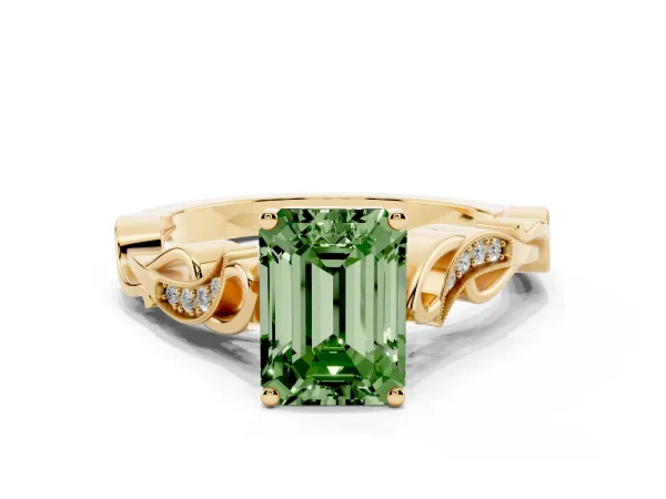 Fancy Green Emerald Cut Solitaire Vine Band with Milgrain Prong Setting Yellow gold