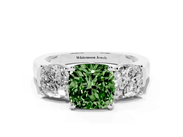 Fancy Green Three-Stone Cushion Cut Brilliant Diamond Trellis Ring with Comfort Fit Band White gold