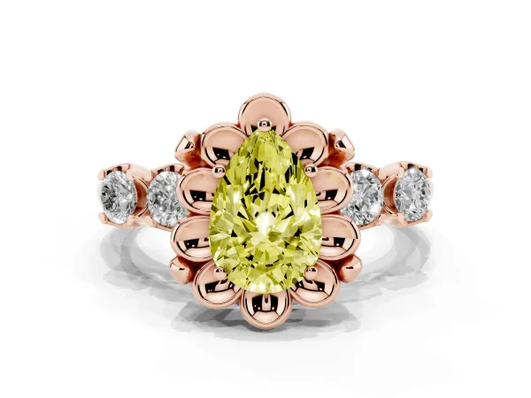 Fancy Yellow Pear Cut Cut Diamond Floral Halo Engagement Ring with Shared Prong Setting Rose gold