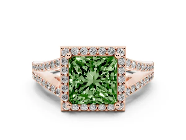Fancy Green Princess Cut Halo Split Shank Diamond Ring with Prong Setting Rose gold