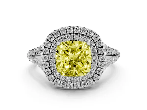 Fancy Yellow Cushion Cut Diamond Double Halo Ring with Pavé Band and Prong Setting Platinum