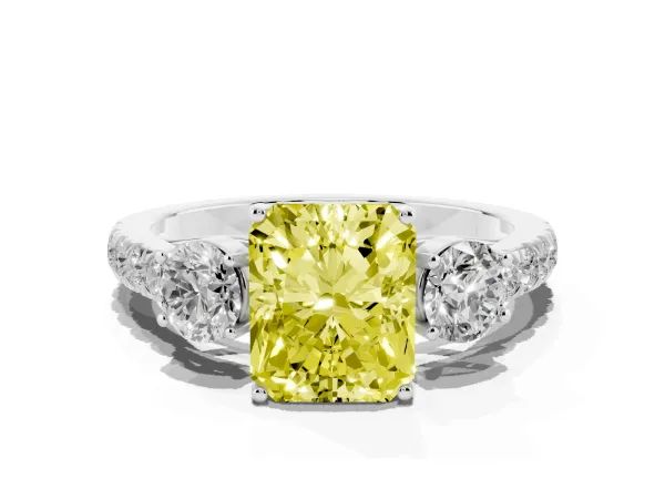 Fancy Yellow Radiant Cut Cut Diamond Three-Stone Ring with Round Side Stones and Pavé Band Platinum