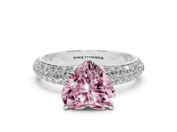 Fancy Pink Heart Cut Diamond Solitaire Ring with Prong Setting and Pavé Band Platinum
