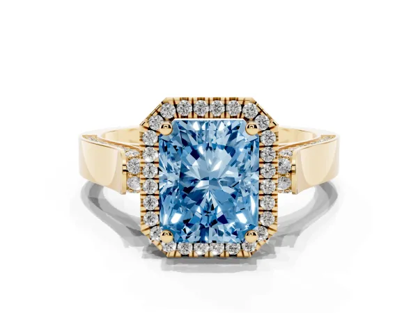 Fancy Blue Radiant Cut Halo Round Diamond Twist Band with Four-Prong Setting Yellow gold