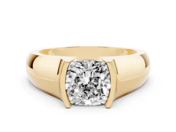 Cushion Cut Solitaire Bezel Set Diamond Ring with Wide Band Yellow gold