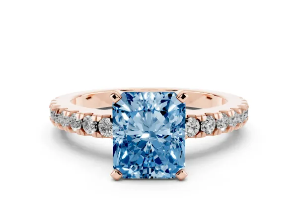 Fancy Blue Radiant Cut Solitaire Diamond with Pavé Band and Four-Prong Setting Rose gold