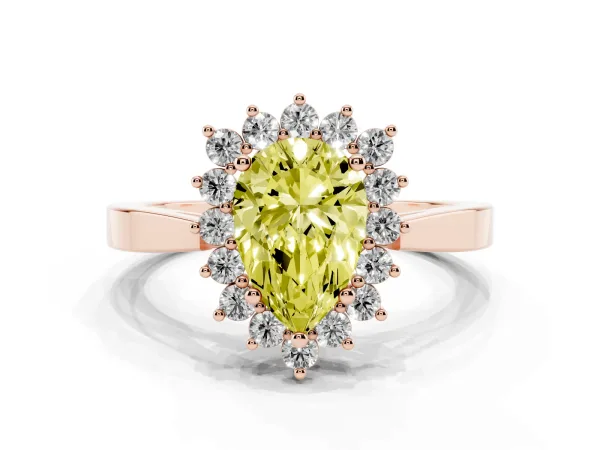 Fancy Yellow Pear Cut Cut Diamond Halo Ring with Round Brilliant Halo and Solitaire Band Rose gold