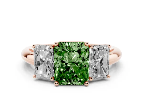 Fancy Green Three-Stone Radiant Cut Cut Diamond Engagement Ring with Prong Setting on a White Gold Band Rose gold