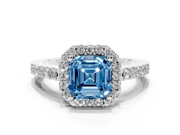Fancy Blue Asscher Cut Halo Diamond Pavé Solitaire Ring Platinum