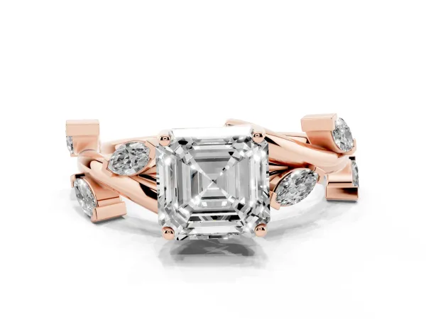 Asscher Cut Solitaire Twisted Band Marquise Accent Prong Setting Ring Rose gold