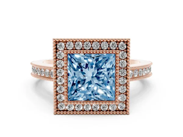 Fancy Blue Princess Cut Cut Halo Diamond Ring with Pavé Band and Milgrain Prong Setting Rose gold