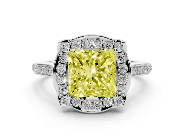 Fancy Yellow Princess Cut Halo Round Diamond Pave Band with Four-Prong Setting Platinum