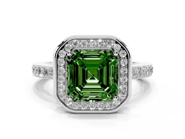 Fancy Green Asscher Cut Diamond Halo Ring with Bezel Frame and Pavé Band White gold