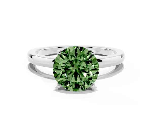 Fancy Green Round Cut Diamond Solitaire Ring with Thin Band and Prong Setting White gold