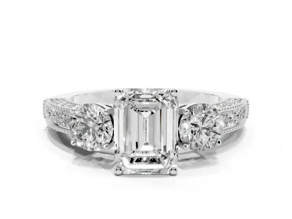 Emerald Cut Three-Stone Diamond Ring with Pavé Band and Four-Prong Setting White gold