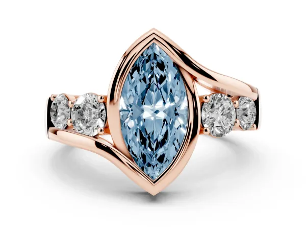 Fancy Blue Bezel Set Marquise Cut Diamond Bypass Ring with Round Accents Rose gold