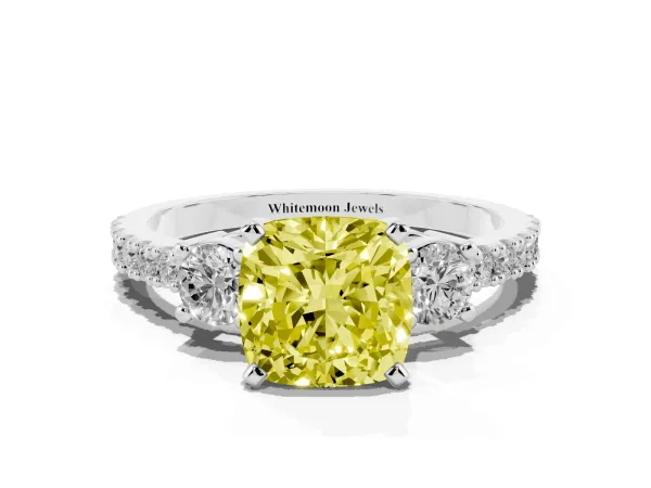 Fancy Yellow Cushion Cut Three-Stone Diamond Pavé Band with Prong Setting Platinum