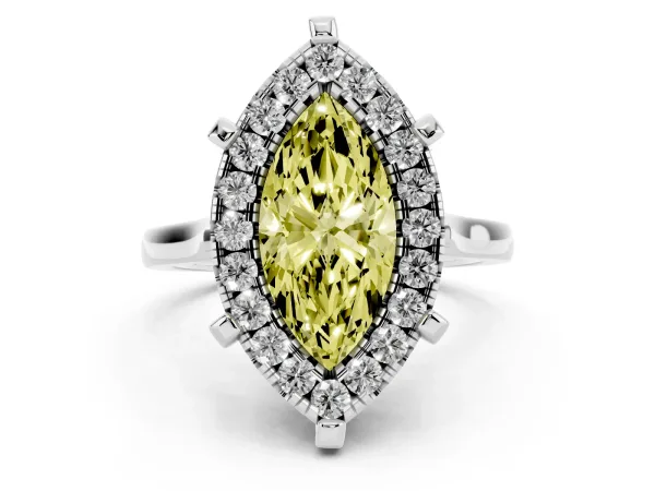 Fancy Yellow Marquise Cut Diamond Cluster Halo Solitaire with Four-Prong Setting White gold