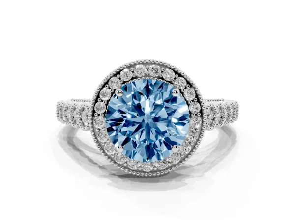 Fancy Blue Round Cut Halo Milgrain Solitaire with Bezel Set Side Stones and Pave Band White gold