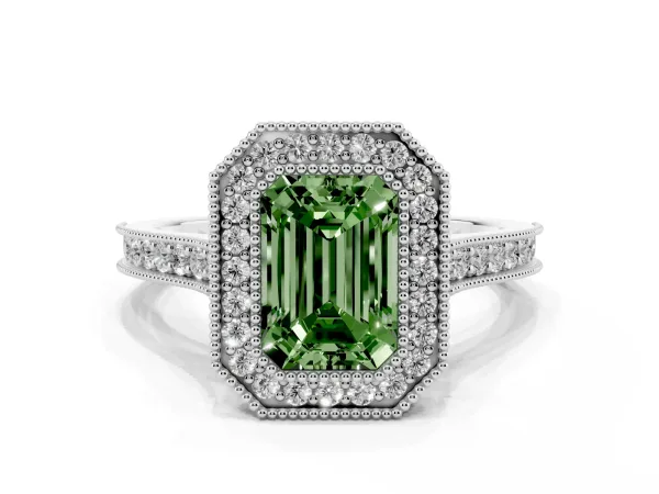 Fancy Green Halo Emerald Cut-Cut Diamond Pave Band Milgrain Prong Setting Ring White gold