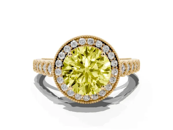 Fancy Yellow Round Cut Halo Milgrain Solitaire with Bezel Set Side Stones and Pave Band Yellow gold