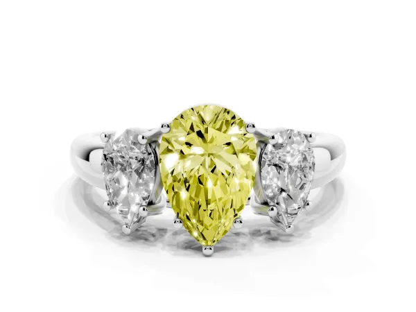 Fancy Yellow Three-Stone Pear Cut Diamond Engagement Ring with Prong Setting Platinum