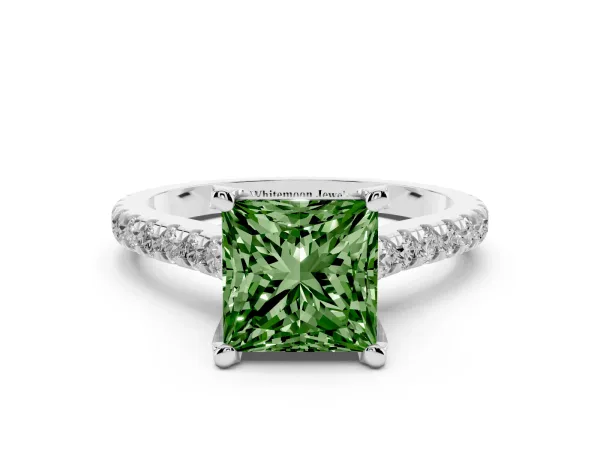 Fancy Green Princess Cut Brilliant Diamond Solitaire with Pavé Band and Four-Prong Setting Platinum