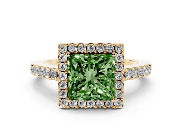 Fancy Green Princess Cut Halo Diamond Pavé Solitaire Ring Yellow gold