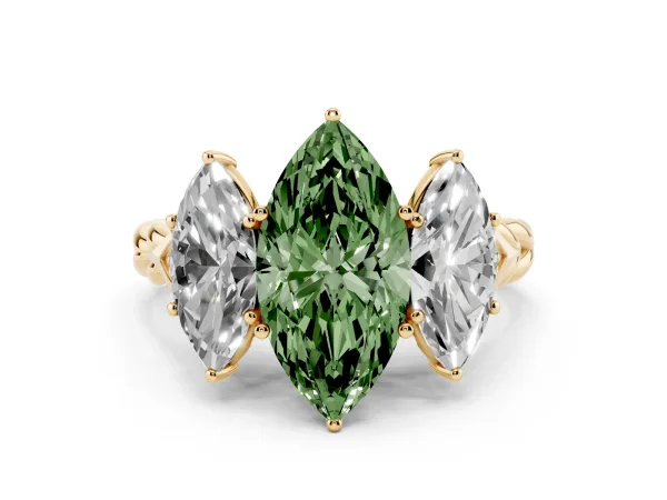 Fancy Green Three-Stone Marquise Cut Diamond Braided Band Ring with Four-Prong Setting Yellow gold