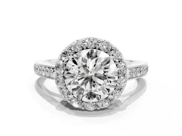 Round Cut Diamond Floral Halo Ring with Pavé Band and Prong Setting White gold