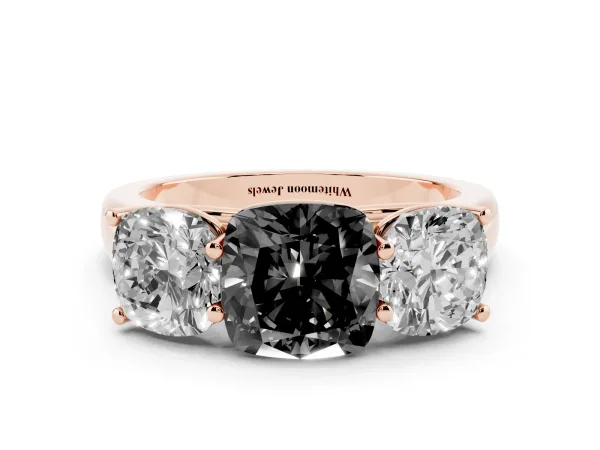 Fancy Black Cushion Cut Three-Stone Diamond Ring with Prong Setting on a Classic Band Rose gold