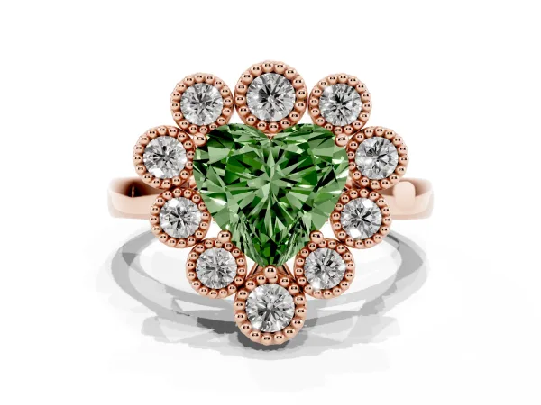 Fancy Green Heart Cut Halo Diamond Cluster Engagement Ring with Milgrain Bezel Setting and Solitaire Band Rose gold