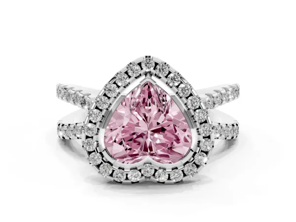 Fancy Pink Heart Cut Diamond Halo Ring with Split Shank Pavé Band and Prong Setting Platinum