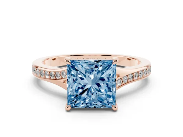 Fancy Blue Princess Cut Diamond Solitaire Ring with Pavé Band and Prong Setting Rose gold