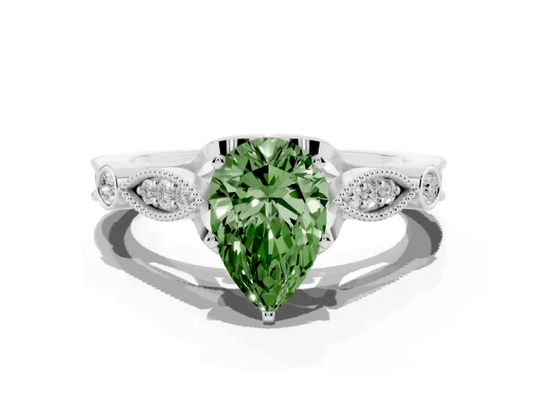 Fancy Green Pear Cut Cut Diamond with Milgrain Marquise and Bezel Accents on a Solitaire Band with Prong Setting Platinum