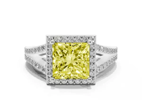 Fancy Yellow Princess Cut Halo Split Shank Pave Diamond Ring with Four-Prong Setting White gold
